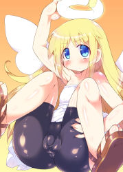 Rule 34 | 1other, ambiguous gender, angel, blonde hair, blue eyes, blush, broken halo, bulge, covered testicles, crimvael, dress, flaccid, futanari, halo, hand on own thigh, ishuzoku reviewers, kanibasami, long hair, other focus, sandals, shorts, shorts under dress, simple background, small penis, solo, testicles, white dress, wings, yellow background