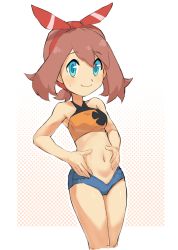 Rule 34 | 1girl, blue eyes, brown hair, checkered background, creatures (company), cropped legs, game freak, hairband, highres, looking at viewer, may (pokemon), navel, nintendo, nyonn24, pokemon, pokemon (anime), short shorts, shorts, solo, stomach, tank top