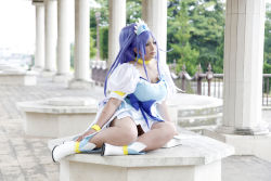 Rule 34 | 1girl, ankle boots, asian, blue eyes, blue hair, boots, bow, bracelet, breasts, choker, chouzuki maryou, cosplay, cure diamond (cosplay), dokidoki! precure, dress, headpiece, jewelry, large breasts, long hair, magical girl, matching hair/eyes, photo (medium), plump, ponytail, precure, puffy short sleeves, puffy sleeves, ribbon, short sleeves, sitting, solo, tiara