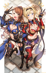 Rule 34 | 2girls, armor, beatrix (granblue fantasy), blonde hair, blue eyes, blush, breasts, brown eyes, brown hair, cleavage, full body, futami (mg42fw190d), gauntlets, gloves, granblue fantasy, greaves, grin, hair ornament, hairband, hand up, highres, large breasts, long hair, looking at viewer, medium breasts, multiple girls, navel, open mouth, parted bangs, ponytail, red armor, sidelocks, smile, standing, standing on one leg, thighhighs, twintails, v, w, zeta (granblue fantasy)