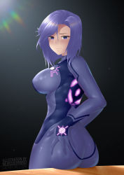 Rule 34 | 1girl, ass, black background, blue bodysuit, blush, bodysuit, breasts, city hunter, closed mouth, commentary request, cosplay, curvy, embarrassed, from behind, hand on own hip, highres, impossible bodysuit, impossible clothes, large breasts, looking at viewer, metroid, newovermind, nintendo, nogami saeko, purple eyes, purple hair, samus aran, samus aran (cosplay), shiny clothes, short hair, sideboob, signature, simple background, sitting, skin tight, smile, solo, zero suit