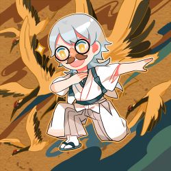 Rule 34 | 10s, 1boy, crane (animal), groucho glasses, getiao, glasses, japanese clothes, lowres, male focus, on one knee, open mouth, red-crowned crane, silver hair, solo, sparkle, touken ranbu, tsurumaru kuninaga, yellow eyes