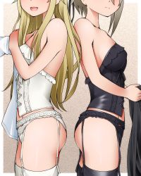 Rule 34 | 2girls, :d, ange (princess principal), bare arms, bare shoulders, black legwear, black panties, black shirt, blonde hair, bustier, closed mouth, commentary request, dr rex, dressing, facing viewer, garter belt, grey hair, holding clothes, holding shirt, long hair, multiple girls, open mouth, panties, princess (princess principal), princess principal, shirt, smile, thighhighs, underwear, underwear only, very long hair, white legwear, white panties, white shirt