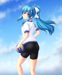 Rule 34 | 1girl, alternate costume, bad id, bad pixiv id, bike shorts, blue hair, blue sky, bow, cloud, day, food, fruit, gradient background, gym uniform, hair bow, hair ornament, hairclip, hinanawi tenshi, isaki (gomi), long hair, looking at viewer, looking back, peach, pink eyes, ponytail, puffy sleeves, shirt, sky, smile, solo, touhou, very long hair