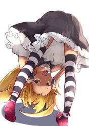 Rule 34 | 1girl, :d, ankle ribbon, bakemonogatari, black bow, black dress, black headphones, blonde hair, bow, dress, frilled skirt, frills, from behind, hands on headphones, headphones, highres, kuro ula, leg ribbon, long hair, monogatari (series), open mouth, oshino shinobu, red footwear, red ribbon, ribbon, shadow, skindentation, skirt, smile, solo, striped clothes, striped thighhighs, thighhighs, top-down bottom-up, upside-down, upskirt, white background, yellow eyes