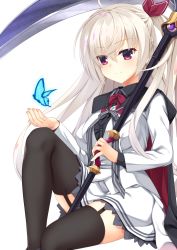 Rule 34 | 1girl, 8kumagawa (log), akizuki kanna, black cape, black garter belt, black thighhighs, blue butterfly, bow, bug, butterfly, cafe stella to shinigami no chou, cape, garter belt, garter straps, hair bow, highres, insect, pink eyes, red bow, scythe, simple background, sitting, smile, solo, thighhighs, thighs, white background, yuzu-soft