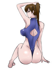 Rule 34 | 10s, 1girl, ass, breasts, brown eyes, brown hair, female focus, from behind, highleg, highleg swimsuit, highres, kaga (kancolle), kagemusha, kantai collection, large breasts, looking at viewer, looking back, one-piece swimsuit, ponytail, simple background, sitting, solo, swimsuit, white background
