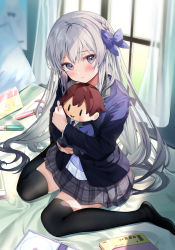 Rule 34 | 1girl, bed sheet, black thighhighs, blazer, blue bow, blue jacket, blush, bow, braid, character doll, closed mouth, commentary request, curtains, hugging doll, grey eyes, grey hair, grey skirt, hair between eyes, hair bow, highres, jacket, kanda done, long hair, long sleeves, looking at viewer, hugging object, on bed, original, pillow, plaid, plaid skirt, pleated skirt, school uniform, second-party source, shirt, sitting, skirt, solo, thighhighs, transparent, very long hair, wariza, white shirt, window