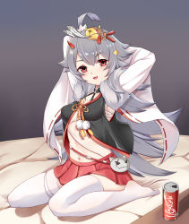 Rule 34 | 1girl, :3, :d, absurdres, ahoge, armpits, arms behind head, arms up, azur lane, black shirt, blush, brand name imitation, breasts, budget sarashi, can, chinese commentary, coca-cola, collarbone, commentary request, drink can, full body, fur trim, grey background, hair between eyes, hair ornament, hairclip, hibiki (azur lane), highres, horns, japanese clothes, long hair, long sleeves, looking at viewer, midriff, navel, no shoes, obijime, on bed, oni horns, open mouth, partially unbuttoned, pleated skirt, red eyes, red skirt, ribbon-trimmed sleeves, ribbon trim, sarashi, shadow, shirt, sidelocks, silver hair, simple background, sitting, skindentation, skirt, small breasts, smile, soda can, solo, talisman, the hermit, thighhighs, wariza, white sleeves, white thighhighs, wide sleeves, zettai ryouiki