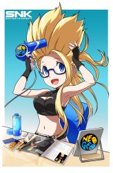 Rule 34 | 1girl, alternate hair length, alternate hairstyle, armpits, black shirt, blonde hair, blouse, blue-framed eyewear, blue eyes, breasts, cleavage cutout, clothing cutout, commentary request, cosplay, covered collarbone, crop top, enta girl, falcoon, fingerless gloves, glasses, gloves, gradient background, hair dryer, highres, long hair, magazine (object), mascot, medium breasts, midriff, navel, nikaidou benimaru, nikaidou benimaru (cosplay), no bra, official art, outside border, semi-rimless eyewear, shirt, sideboob, sleeveless, snk, solo, the king of fighters, under-rim eyewear, updo