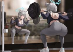 Rule 34 | 1girl, absurdres, animal ears, ass, blue archive, breasts, cleavage, exercising, full-length mirror, grey hair, gym, highres, huge ass, leviathan (hikinito0902), medium breasts, mirror, pants, shiroko (blue archive), squatting, weightlifting, wolf ears, yoga pants