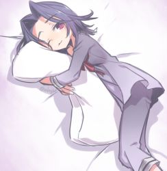 Rule 34 | 10s, 1girl, alternate costume, bed, casual, contemporary, kantai collection, lying, matching hair/eyes, negi (ulog&#039;be), hugging object, one eye closed, pajamas, pillow, pillow hug, purple eyes, purple hair, short hair, sketch, smile, solo, tatsuta (kancolle), twitter username