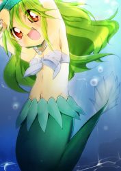 Rule 34 | 1girl, fins, fish tail, green hair, jewelry, long hair, mermaid, midriff, monster girl, muromi-san, nakoumi kokoro, namiuchigiwa no muromi-san, navel, necklace, red eyes, scales, seashell, shell, solo, tail, twintails, two side up