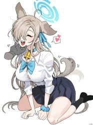 Rule 34 | 1girl, ahoge, all fours, animal ears, black footwear, blue archive, blue nails, breasts, closed eyes, commentary request, disembodied hand, dog ears, hair over eyes, halo, happy, heart, highres, kemonomimi mode, kneeling, large breasts, long hair, ohw8g, open mouth, school uniform, shirt, skirt, smile, solo focus, spoken heart, white shirt