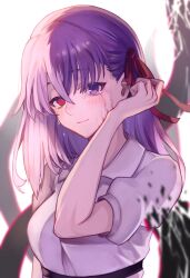 Rule 34 | 1girl, blush, closed mouth, collared shirt, commentary request, crossed bangs, crying, crying with eyes open, eyes visible through hair, fate/stay night, fate (series), hair between eyes, hair ribbon, half updo, hand up, heaven&#039;s feel, heterochromia, highres, long hair, looking at viewer, matou sakura, puffy short sleeves, puffy sleeves, purple eyes, purple hair, red eyes, red ribbon, ribbon, sad smile, shirt, short sleeves, sidelighting, simple background, smile, solo, sooon, tears, upper body, white background, white shirt