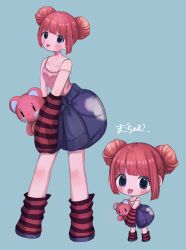 Rule 34 | 1girl, arm warmers, bare shoulders, blue background, blue eyes, chibi, clothes around waist, collarbone, double bun, full body, hair bun, highres, holding, holding stuffed toy, jacket, jacket around waist, leg warmers, looking at viewer, magochamu, multiple views, original, pink shirt, red arm warmers, red hair, red leg warmers, shirt, short hair, sleeveless, sleeveless shirt, sleeves past fingers, sleeves past wrists, spaghetti strap, standing, strap slip, striped arm warmers, striped leg warmers, stuffed toy, tongue, tongue out