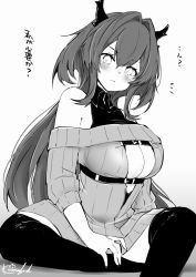 Rule 34 | 1girl, arknights, bare shoulders, blush, breasts, center opening, cleavage, foot out of frame, frown, greyscale, hair between eyes, hair intakes, kasagland, large breasts, looking at viewer, monochrome, off-shoulder sweater, off shoulder, ribbed sweater, simple background, sitting, solo, surtr (arknights), sweater, thighhighs, white background