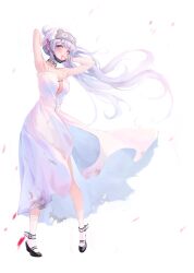 Rule 34 | 1girl, absurdres, ankle belt, armpits, arms behind head, beanie, belt collar, blurry, breasts, character request, collar, dress, falling petals, floating hair, full body, grey eyes, grey hair, hat, highres, long dress, long hair, looking at viewer, mary janes, mask, medium breasts, motion blur, mouth hold, mouth mask, no bra, paperclip, path to nowhere, petals, shoes, simple background, sleeveless, sleeveless dress, solo, standing, torn clothes, torn dress, wellsy, white background, white dress, wind