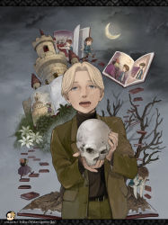Rule 34 | 1boy, bad id, bad pixiv id, blonde hair, blue eyes, book, expressionless, hinoakimitsu, jacket, johan liebert, male focus, monster (manga), night, sharp teeth, smile, stairs, teeth, the monster without a name, tower, tree, turtleneck