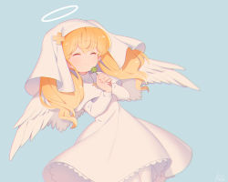 Rule 34 | 1girl, angel wings, blonde hair, chromatic aberration, clover, cross, dress, closed eyes, four-leaf clover, habit, halo, headwear request, holding, jewelry, kiri futoshi, nun, own hands clasped, own hands together, pendant, poet (pop&#039;n music), pop&#039;n music, smile, solo, twintails, white dress, wings