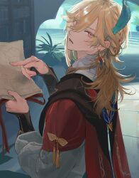 Rule 34 | 1boy, blonde hair, commentary, earrings, feather hair ornament, feathers, genshin impact, hair between eyes, hair ornament, hairclip, highres, holding, holding paper, jewelry, kaveh (genshin impact), long hair, long sleeves, looking at viewer, male focus, mare6ns, paper, plant, red eyes, signature, solo, symbol-only commentary, upper body