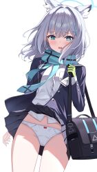 Rule 34 | 1girl, absurdres, animal ears, bag, blue archive, bow, bow panties, cat ears, gloves, grey eyes, hair ornament, hairpin, highres, jacket, looking at viewer, messenger bag, open clothes, open jacket, open mouth, panties, rahy, scarf, shiroko (blue archive), shirt, shoulder bag, simple background, skirt, solo, thighs, underwear, white background, white panties, white shirt, yellow gloves