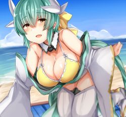 Rule 34 | 1girl, aqua hair, bad id, bad pixiv id, bare shoulders, bikini, bikini top only, bow, breasts, cleavage, dragon horns, fate/grand order, fate (series), hair bow, highres, horns, japanese clothes, kimono, kiyohime (fate), kiyohime (fate/grand order), kiyohime (swimsuit lancer) (fate), kiyohime (swimsuit lancer) (first ascension) (fate), large breasts, long hair, looking at viewer, navel, off shoulder, sabujiroko, smile, solo, swimsuit, thighhighs, white thighhighs, yellow bikini, yellow bow, yellow eyes