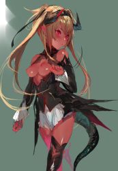 Rule 34 | 1girl, bad id, bad twitter id, bare shoulders, blonde hair, blush, breasts, character request, copyright request, detached sleeves, highres, horns, long hair, nipples, pointy ears, red eyes, skirt, solo, thighhighs, twintails, unkq, zettai ryouiki