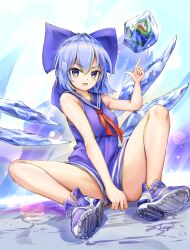 Rule 34 | 1girl, blue bow, blue dress, blue eyes, blue footwear, blue hair, blue sailor collar, blush, bow, boy&#039;s club, cirno, crossover, dress, fairy, fii fii (feefeeowo), hair between eyes, hair bow, highres, ice, ice wings, looking at viewer, neckerchief, open mouth, pepe the frog, red neckerchief, sailor collar, sailor dress, shoes, short hair, sitting, sleeveless, sleeveless dress, smile, sneakers, solo, touhou, wings