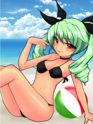 Rule 34 | 10s, 1girl, anchovy (girls und panzer), artist request, beach, bikini, blush, breasts, curvy, drill hair, female focus, girls und panzer, green hair, hair ornament, hair ribbon, long hair, looking at viewer, medium breasts, red eyes, ribbon, shiny skin, sitting, sky, smile, solo, swimsuit, twintails