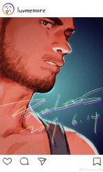 Rule 34 | 1boy, absurdres, bara, beard stubble, black tank top, close-up, facial hair, highres, instagram, male focus, mature male, mustache stubble, original, parted lips, powerlesssong, short hair, solo, stubble, tank top, thick eyebrows, turning head