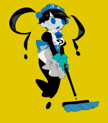 Rule 34 | 1girl, ?, apios, apron, aqua gloves, back bow, black dress, black hair, blue bow, blue eyes, blue flower, blue rose, blue skin, blunt bangs, bow, broom, character request, colored skin, copyright request, dress, female focus, flower, full body, gloves, highres, holding, holding broom, juliet sleeves, long hair, long sleeves, maid, maid headdress, open mouth, own hands together, puffy sleeves, rose, sash, simple background, sketch, solo, twintails, white apron, yellow background