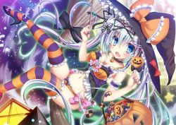 Rule 34 | 1girl, blue eyes, bow, breasts, broom, butterfly hair ornament, frills, hair ornament, halloween, halloween bucket, hat, kasutera (suzakudou), long hair, looking at viewer, medium breasts, orange panties, original, panties, silver hair, solo, striped clothes, striped thighhighs, thighhighs, twintails, underwear, very long hair, wand, witch hat