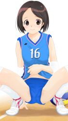 Rule 34 | 1girl, arm support, blue shirt, blue shorts, blush, breasts, brown eyes, brown hair, clothes lift, collarbone, dedenden (pixiv30568724), elbow pads, highres, jersey, knee pads, looking at viewer, medium breasts, mizuno (brand), shirt, shirt lift, shoes, short hair, shorts, smile, sneakers, socks, squatting, track and field, white footwear, white socks