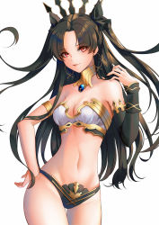 Rule 34 | 1girl, absurdres, armlet, asymmetrical sleeves, bad id, bad pixiv id, black bow, black panties, black sleeves, bow, bra, breasts, brown hair, choker, cleavage, closed mouth, collarbone, contrapposto, cowboy shot, detached sleeves, earrings, fastf44, fate/grand order, fate (series), floating hair, groin, hair bow, hair ornament, hand on own hip, highres, ishtar (fate), jewelry, long hair, long sleeves, looking at viewer, medium breasts, navel, panties, red eyes, simple background, single sleeve, smile, solo, sparkle, standing, strapless, strapless bra, thigh gap, twintails, underwear, underwear only, uneven sleeves, very long hair, white background, white bra