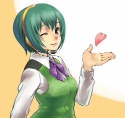 Rule 34 | 00s, 1girl, ;p, blowing kiss, chan co, green hair, heart, idolmaster, idolmaster (classic), idolmaster 1, mole, mole under mouth, one eye closed, open hand, otonashi kotori, red eyes, short hair, solo, tongue, tongue out, upper body, wink
