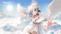 Rule 34 | 1girl, absurdres, alternate costume, alternate hairstyle, amane kanata, angel, angel wings, belt, belt buckle, black belt, black ribbon, blue hair, blue sky, buckle, cloud, cloudy sky, day, dress, feathered wings, feathers, flying, hair ornament, hair rings, hairclip, halo, highres, hololive, long hair, looking at viewer, multicolored hair, neck ribbon, open hand, open mouth, outstretched hand, purple eyes, ribbon, short dress, sky, solo, star (symbol), star hair ornament, streaked hair, sun, sunlight, thigh strap, two-tone hair, virtual youtuber, wanne, white dress, white hair, wings