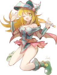 Rule 34 | 1girl, bare legs, bare shoulders, blonde hair, blue footwear, blush, blush stickers, boots, breasts, choker, cleavage, dark magician girl, duel monster, female focus, full body, green eyes, hat, highres, hosimihohosi, large breasts, long hair, looking at viewer, magical girl, one eye closed, open mouth, pentacle, shiny skin, skirt, smile, solo, staff, standing, wink, wizard hat, yu-gi-oh!, yu-gi-oh! duel monsters