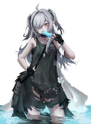 Rule 34 | 1girl, absurdres, ahoge, arknights, black bra, black gloves, bra, cowboy shot, food, furioso, gloves, green shirt, hair ornament, hair over one eye, hand on own hip, highres, holding food, holding ice cream, ice cream, long hair, looking at viewer, official alternate costume, pointy ears, popsicle, shirt, simple background, solo, tomimi (arknights), twintails, underwear, wading, water, white background, yellow eyes