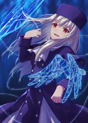 Rule 34 | 1girl, bird, blue background, blue bird, buttons, fate/stay night, fate (series), grey hair, highres, illyasviel von einzbern, jacket, long hair, long sleeves, looking at viewer, open mouth, ornament, purple headwear, red eyes, rune (rne at), scarf, simple background, smile, solo, thread