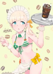 Rule 34 | 1girl, alakoala, alternate costume, apron, bare shoulders, bikini, blonde hair, blue eyes, blush, breasts, coffee, collarbone, commentary, commentary request, cup, detached collar, drinking glass, hair between eyes, hair ornament, highres, holding, holding tray, kantai collection, long hair, looking at viewer, navel, open mouth, ribbon, shin&#039;you (kancolle), side-tie bikini bottom, side ponytail, simple background, small breasts, solo, standing, string bikini, striped bikini, striped clothes, swimsuit, symbol-only commentary, tray, waist apron