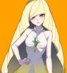 Rule 34 | 1girl, bare arms, blonde hair, blunt bangs, breasts, commentary, covered collarbone, creatures (company), dress, drunkoak, eyelashes, game freak, gradient dress, green eyes, hand on own hip, long hair, looking at viewer, lusamine (pokemon), medium breasts, multicolored hair, nintendo, orange background, parted lips, pokemon, pokemon sm, smile, solo, streaked hair, upper body, white dress