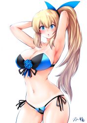 Rule 34 | 1girl, :o, armpits, arms behind head, arms up, bandeau, bare arms, bare legs, bare shoulders, bikini, bikini tan, black ribbon, blonde hair, blue bikini, blue bow, blue eyes, blue flower, blue rose, blush, bow, breasts, cleavage, collarbone, commentary request, cowboy shot, flower, front-tie top, groin, hair bow, hair ornament, hair ribbon, hair tie, highres, large breasts, legs apart, long hair, looking at viewer, mirai akari, mirai akari project, navel, open mouth, ribbon, rose, shiny skin, side-tie bikini bottom, side ponytail, sidelocks, signature, simple background, solo, souryu, standing, stomach, strapless, strapless bikini, swimsuit, tan, tanline, very long hair, virtual youtuber, white background