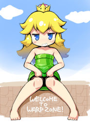 Rule 34 | 1girl, bare arms, bare shoulders, barefoot, blonde hair, blue eyes, blue sky, blush, cloud, crown, day, english text, grin, hair between eyes, hair flaps, long hair, looking at viewer, mario (series), mini crown, new super mario bros. u deluxe, nintendo, outdoors, personification, sakurabe notos, sitting, sky, smile, solo, super crown, translation request, warp pipe