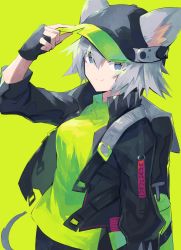 Rule 34 | 1girl, alternate color, animal ears, arknights, backpack, bag, baseball cap, black gloves, black hat, black jacket, blue eyes, breasts, click (arknights), closed mouth, commentary, cowboy shot, eyes visible through hair, fingerless gloves, gloves, green background, green shirt, hand on headwear, hat, jacket, looking at viewer, medium breasts, mouse ears, mouse tail, open clothes, open jacket, sasa onigiri, shirt, short hair, silver hair, simple background, smile, solo, spiked hair, tail