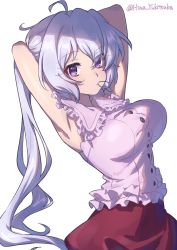 Rule 34 | 1girl, ahoge, alt text, blouse, breasts, highres, large breasts, light purple hair, looking at viewer, low twintails, purple eyes, senki zesshou symphogear, shirt, solo, twintails, twitter username, white background, yukine chris, yukitsuba hina