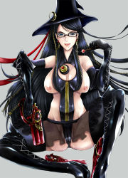 Rule 34 | 1girl, bayonetta, bayonetta (series), black hair, blue eyes, boots, breasts, cameltoe, candy, chain, cleavage, cleavage cutout, clothing cutout, covered erect nipples, earrings, elbow gloves, female focus, food, glasses, gloves, gun, hat, jewelry, lollipop, long hair, microskirt, mole, nipples, red ribbon, ribbon, riria, simple background, sitting, skirt, solo, thighhighs, very long hair, weapon, witch hat