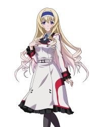 Rule 34 | 1girl, belt, black pantyhose, blonde hair, blue eyes, blue hairband, blue ribbon, cecilia alcott, dress, hair between eyes, hairband, highres, infinite stratos, long hair, looking at viewer, neck ribbon, pantyhose, ribbon, simple background, smile, solo, standing, very long hair, white background