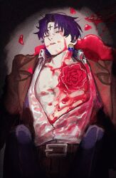 Rule 34 | 1boy, 1other, 7hwlfkf, black hair, blood, blood on body, blood on clothes, blood on face, blood on ground, chrollo lucilfer, closed eyes, collared shirt, cross tattoo, death, earrings, facial mark, facial tattoo, flower, forehead mark, forehead tattoo, formal, glowing, glowing earrings, hunter x hunter, jewelry, long sleeves, male focus, open clothes, open shirt, pov, red flower, red rose, rose, shirt, short hair, suit, tattoo, white shirt