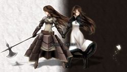 Rule 34 | 1girl, 5pb., :/, agnes oblige, akeyama, armor, armored boots, belt, black footwear, black gloves, boots, bravely default: flying fairy, bravely default (series), brown eyes, brown hair, closed eyes, closed mouth, coat, copyright name, dress, dual persona, english text, fairy, full body, fur trim, gauntlets, gloves, glowing, hairband, halberd, headband, highres, holding hands, long hair, looking down, looking to the side, polearm, profile, puffy short sleeves, puffy sleeves, short sleeves, silhouette, split theme, standing, weapon, white dress, wind